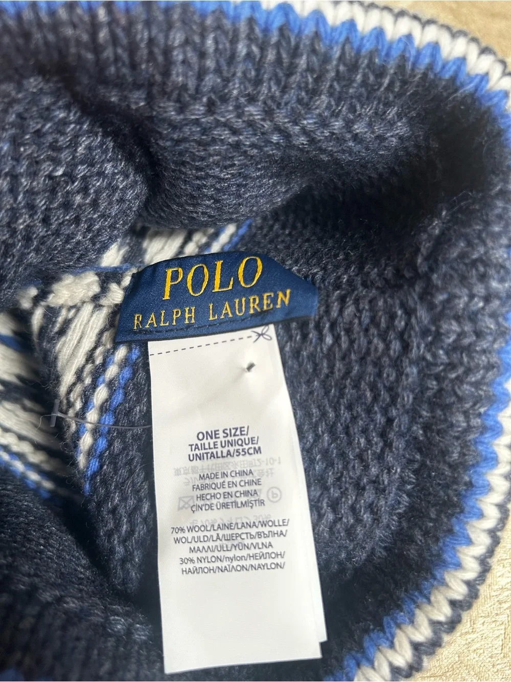 Polo by Ralph Lauren Fair Isle Wool Blend Blue, Black & White Knit Beanie